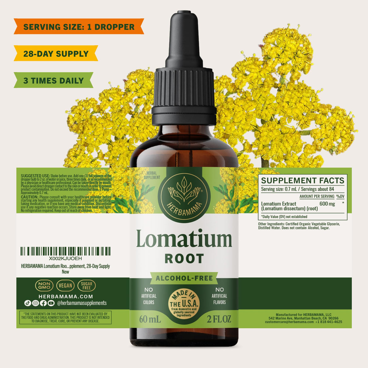 Teinture de racine de Lomatium HERBAMAMA avec ingrédients sur une table
