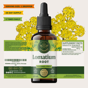 Teinture de racine de Lomatium HERBAMAMA avec ingrédients sur une table