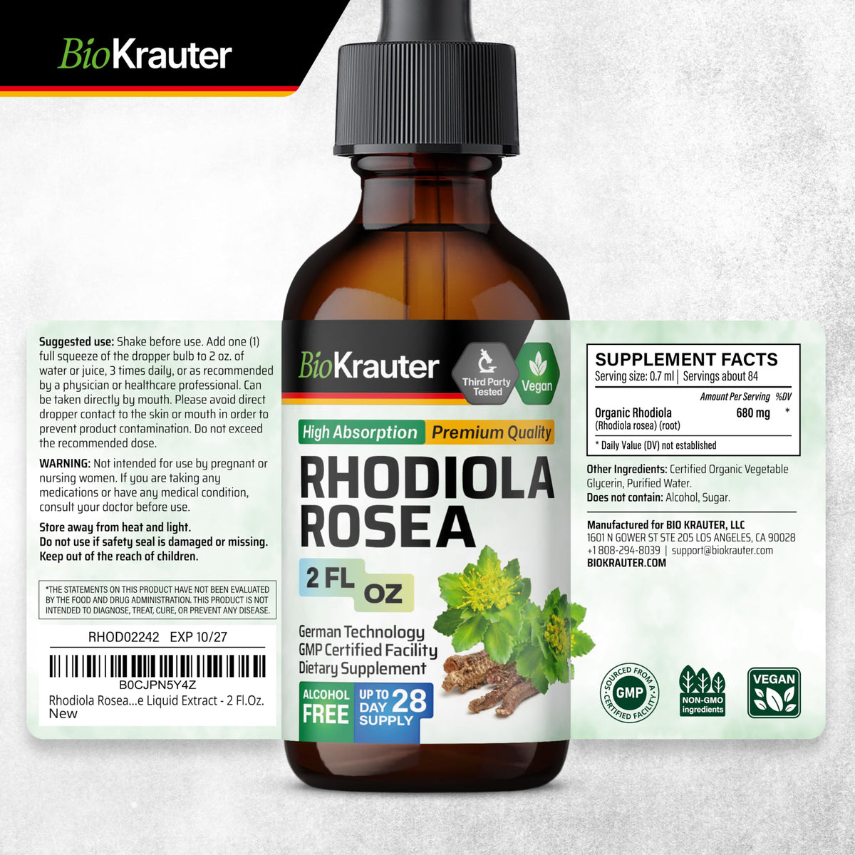 Teinture de Rhodiola Rosea BIO KRAUTER dans un environnement naturel