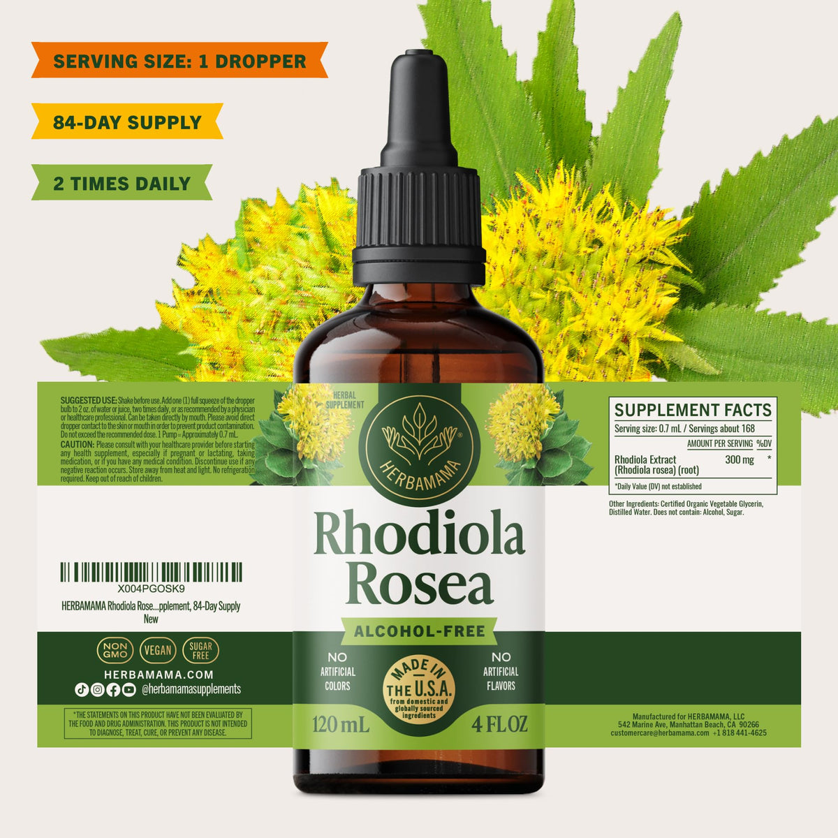 Teinture de Rhodiola Rosea HERBAMAMA avec arrière-plan naturel