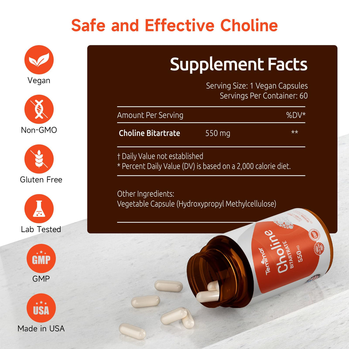 Temimar Choline Bitartrate 550mg avec des ingrédients naturels en arrière-plan