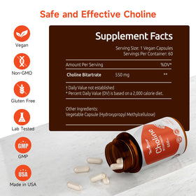 Temimar Choline Bitartrate 550mg avec des ingrédients naturels en arrière-plan