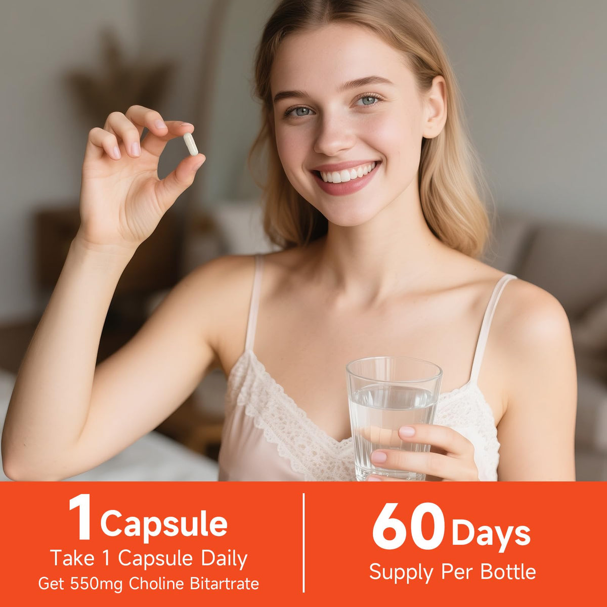 Temimar Choline Bitartrate 550mg capsules à côté d'un verre d'eau