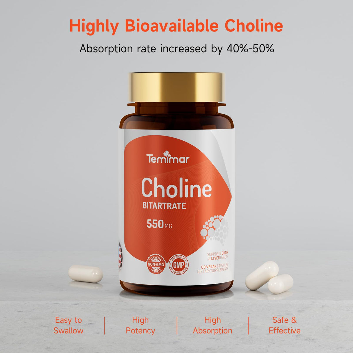 Temimar Choline Bitartrate 550mg étiquette détaillée