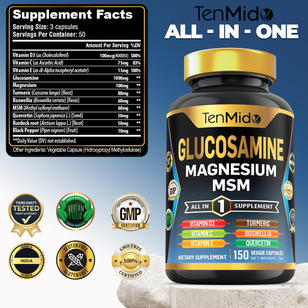 Tenmido Glucosamine MSM 150 capsules avec étiquette