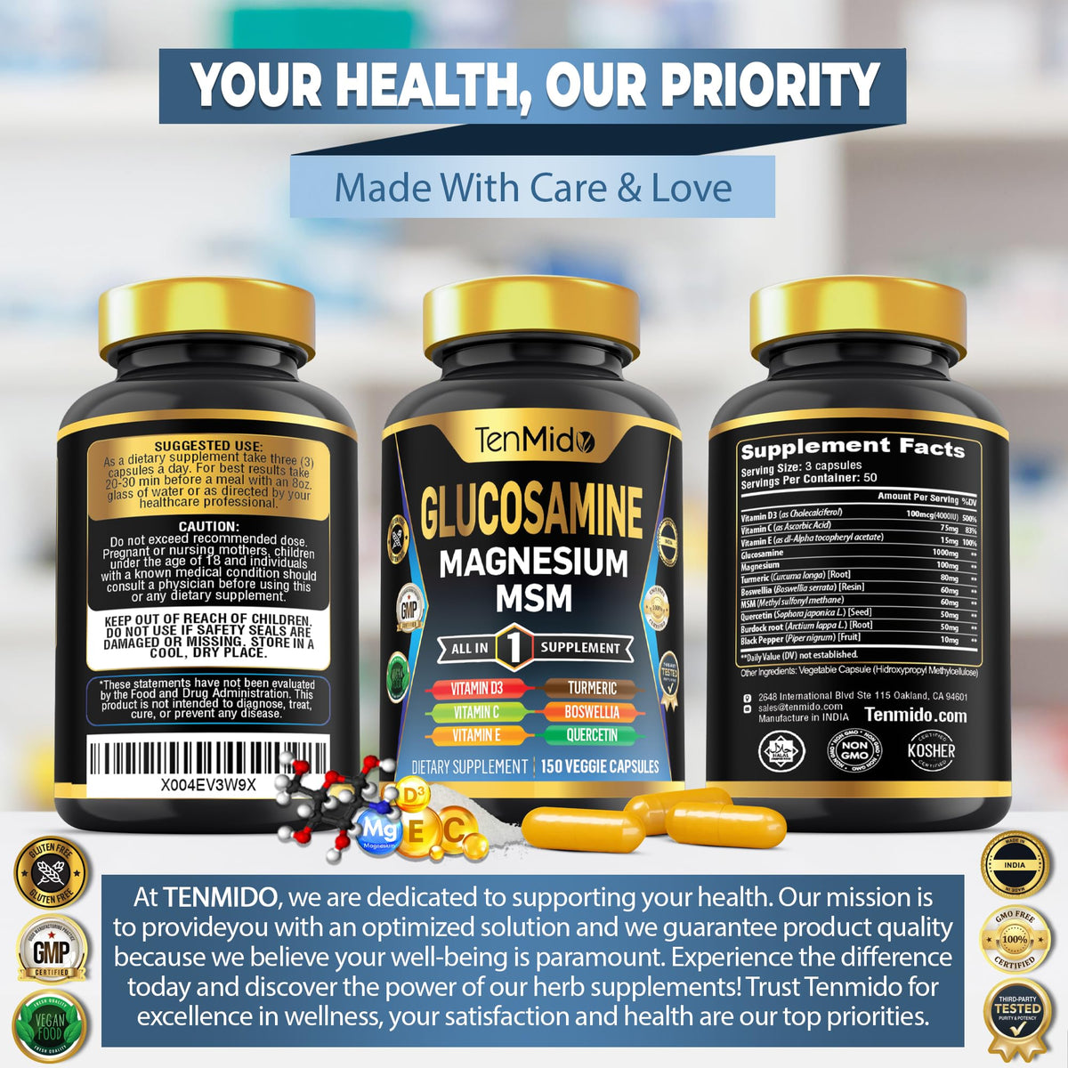 Tenmido Glucosamine MSM capsules avec ingrédients