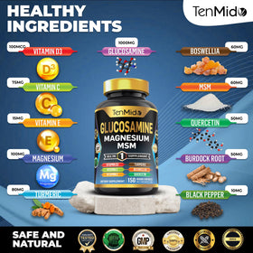 Tenmido Glucosamine MSM capsules sur fond blanc