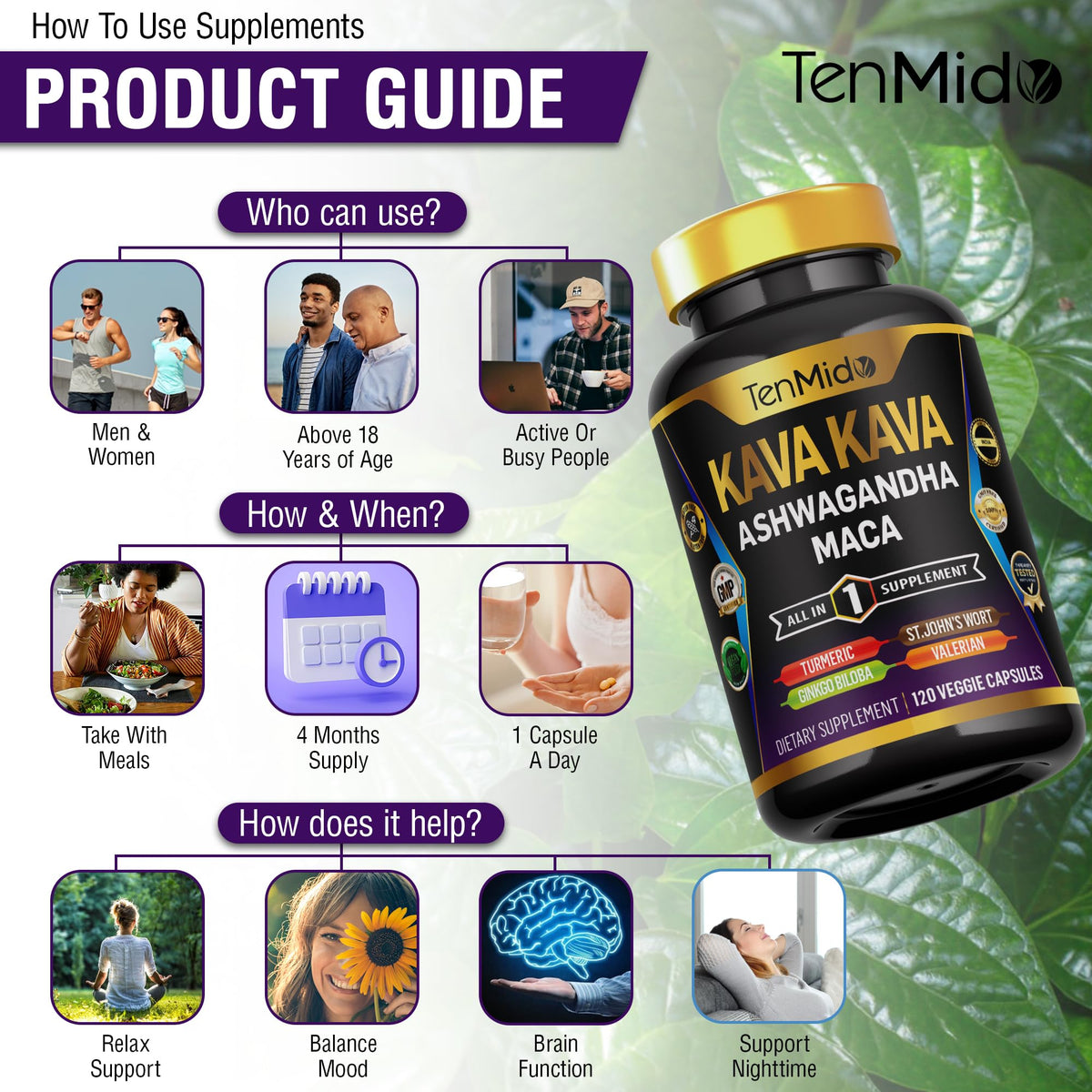 Tenmido Kava Kava 8 en 1 capsules sur une table en bois