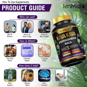 Tenmido Kava Kava 8 en 1 capsules sur une table en bois