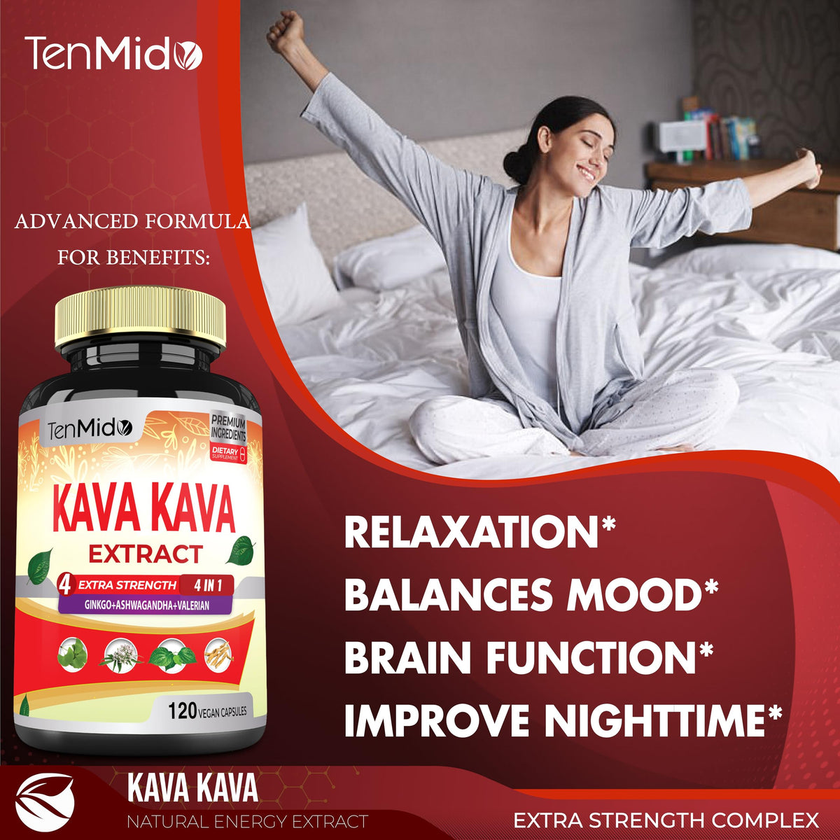 Tenmido Kava Kava avec des ingrédients naturels en arrière-plan