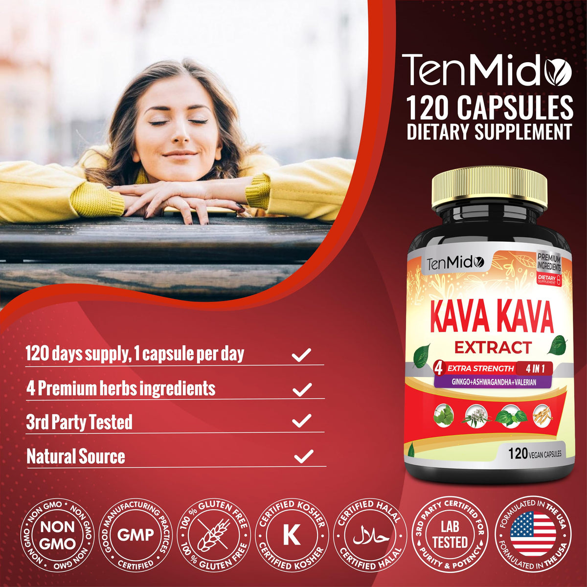 Tenmido Kava Kava avec ses caractéristiques sur une table