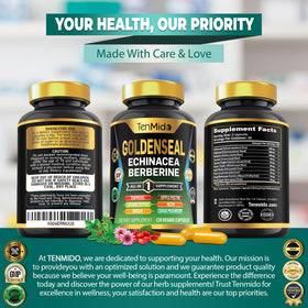 Tenmido Racine de Goldenseal 120 capsules sur une table en bois