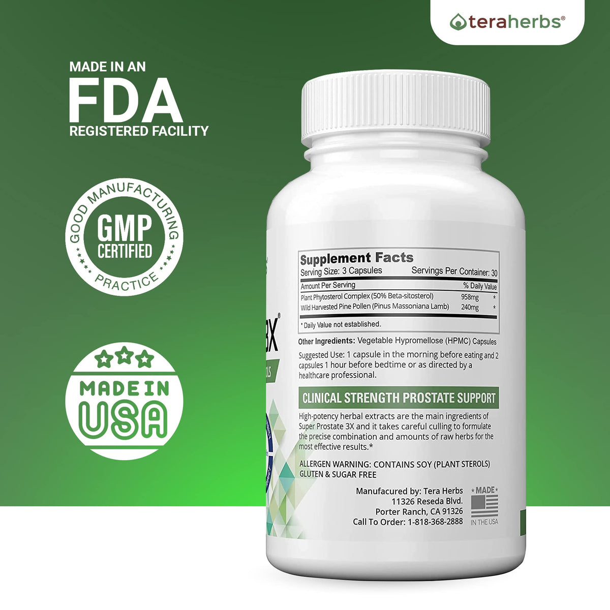 teraherbs Super Prostate 3X capsules sur une surface blanche
