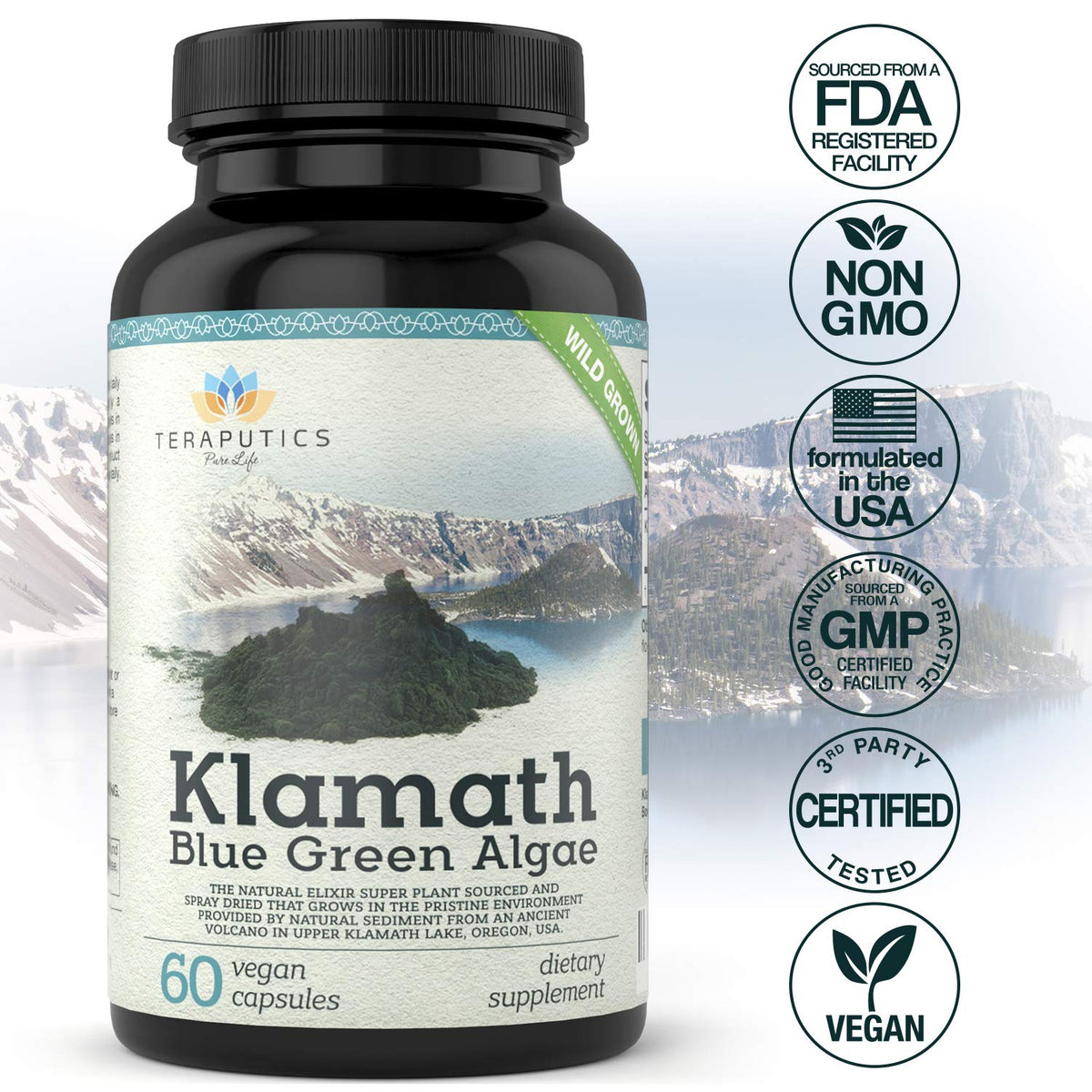 Teraputics Algue Bleue Klamath 500mg capsules végétales en gros plan