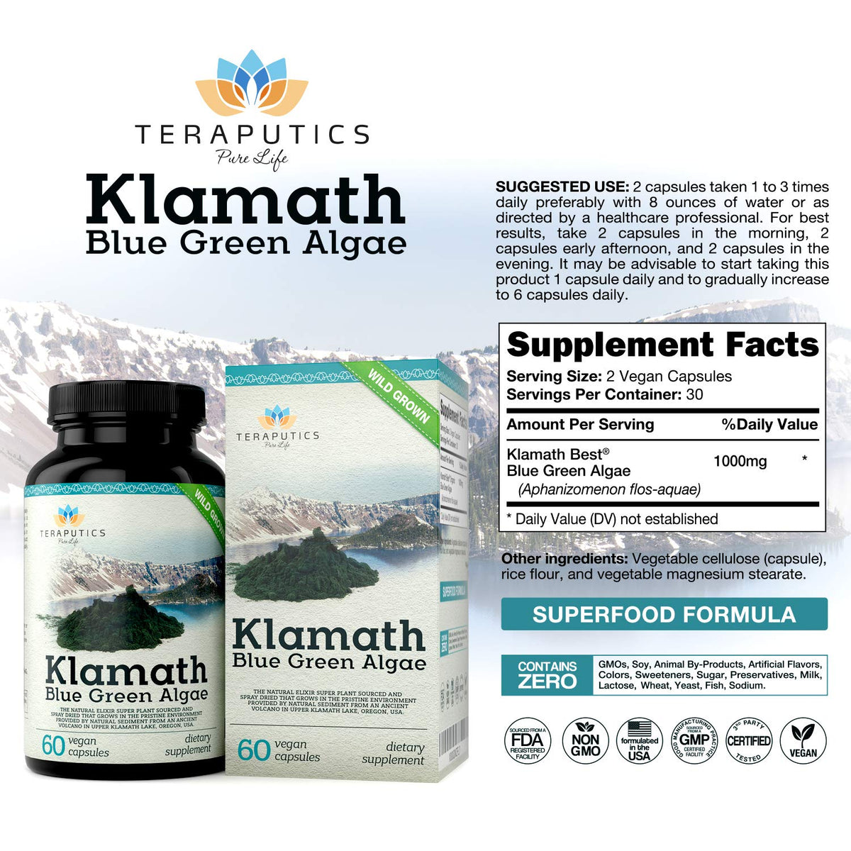 Teraputics Algue Bleue Klamath 500mg capsules végétales sur une surface en bois
