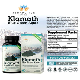 Teraputics Algue Bleue Klamath 500mg capsules végétales sur une surface en bois