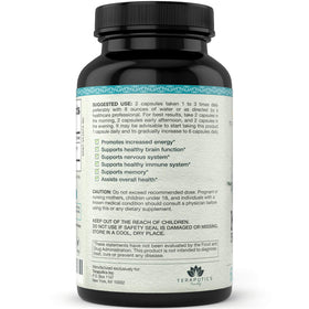 Teraputics Algue Bleue Klamath 500mg sur une table avec des plantes