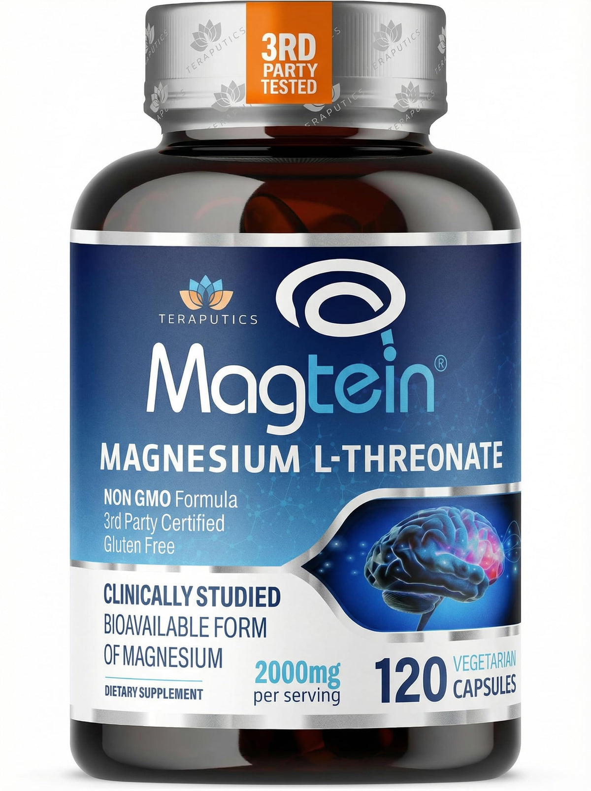 Teraputics Magnesium L Threonate 2000 mg 120 capsules, devant de l'emballage
