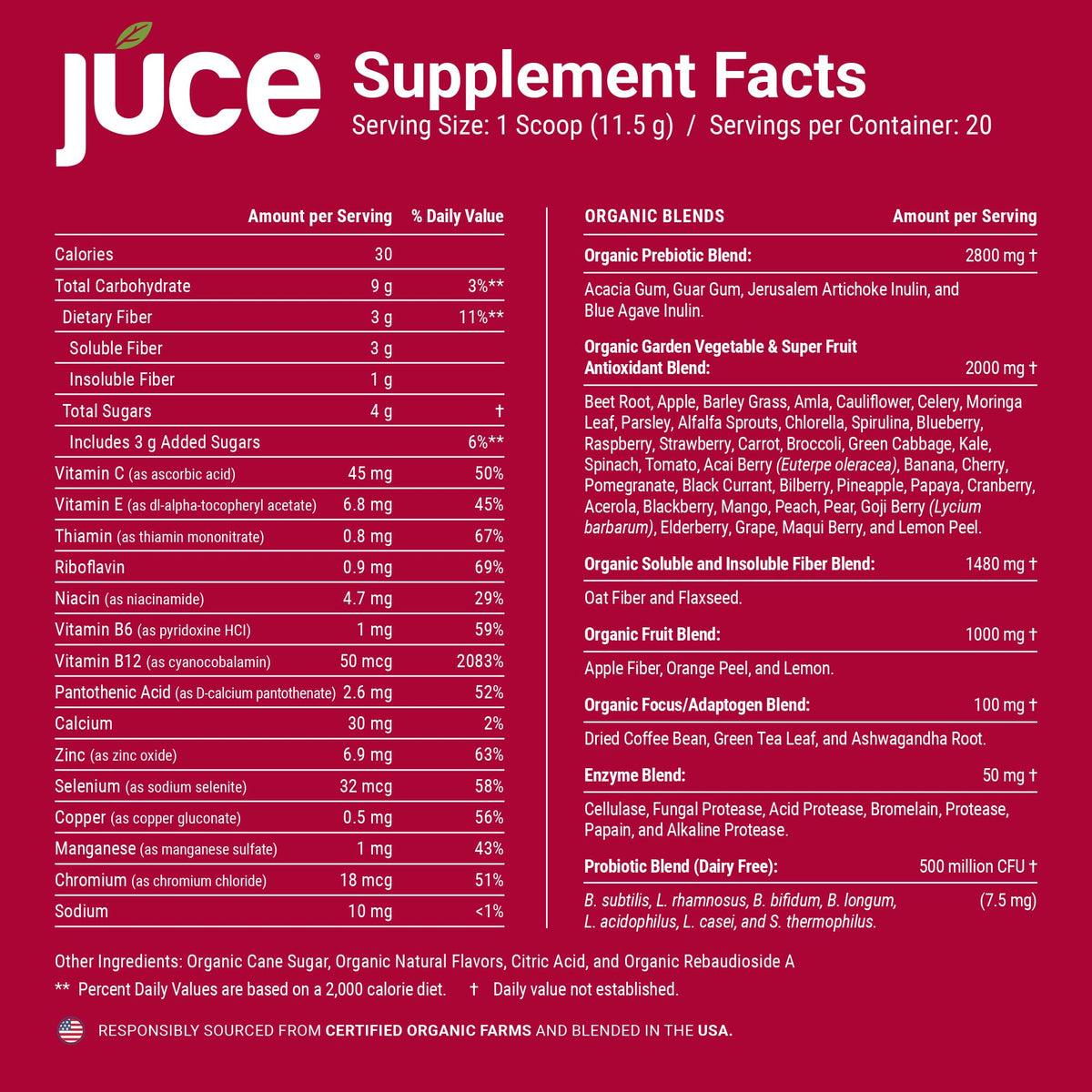 Terra Kai Organics Juce Reds Poudre 290g à côté d'un shaker