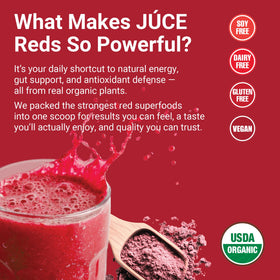 Terra Kai Organics Juce Reds Poudre 290g en utilisation dans un verre