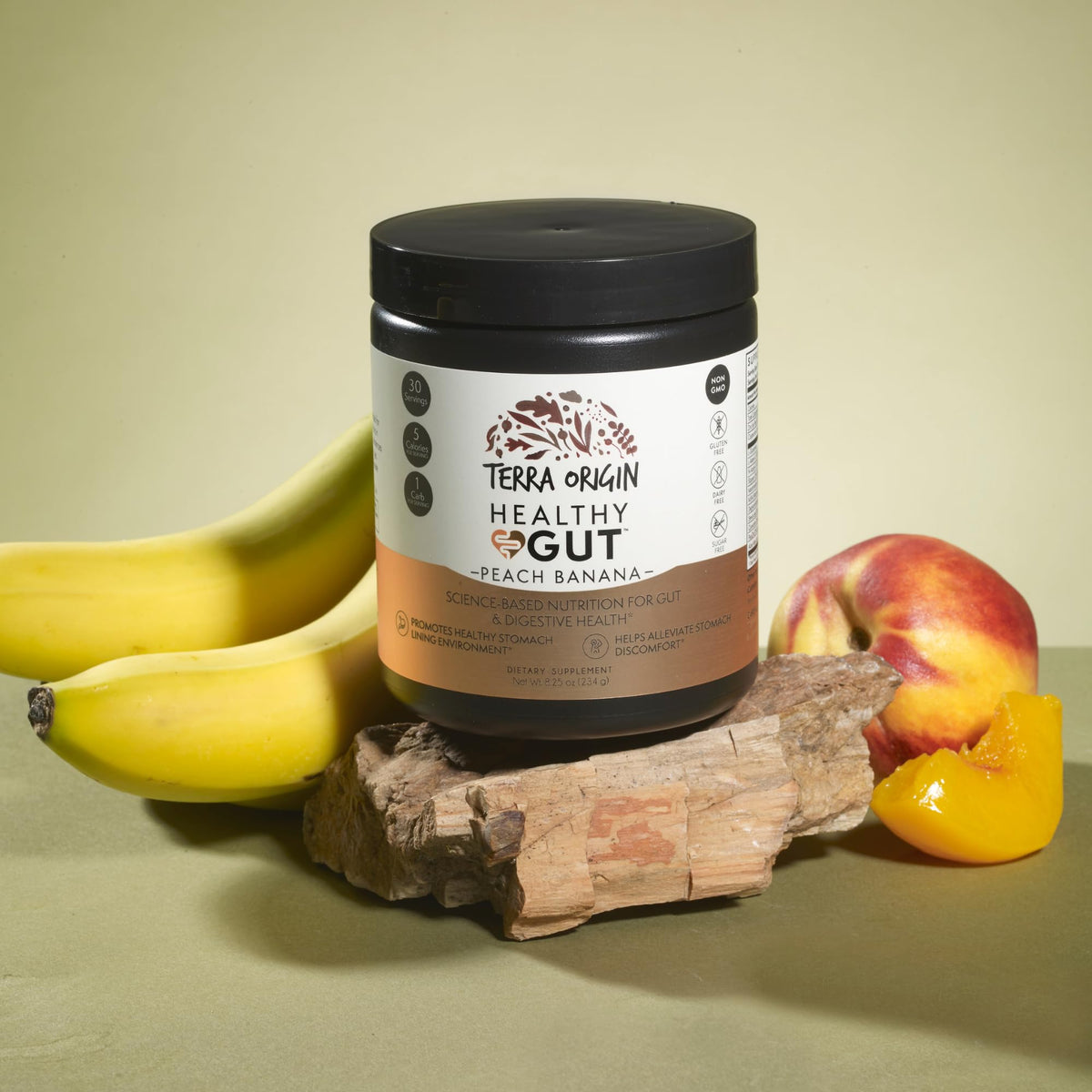 TERRA ORIGIN Healthy Gut Pêche Banane ingrédients sur l'emballage