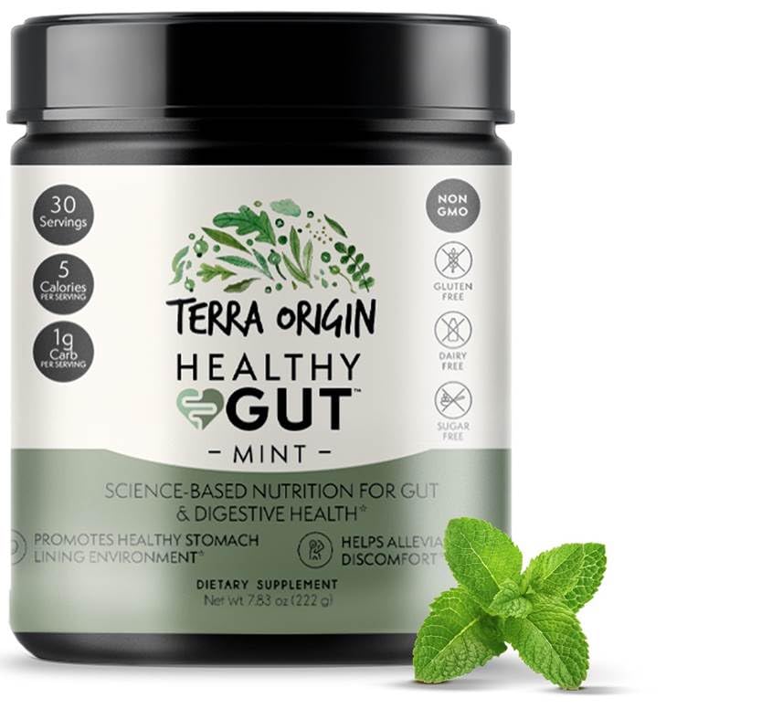 TERRA ORIGIN Poudre Healthy Gut Menthe 30 Portions arrière de l'emballage