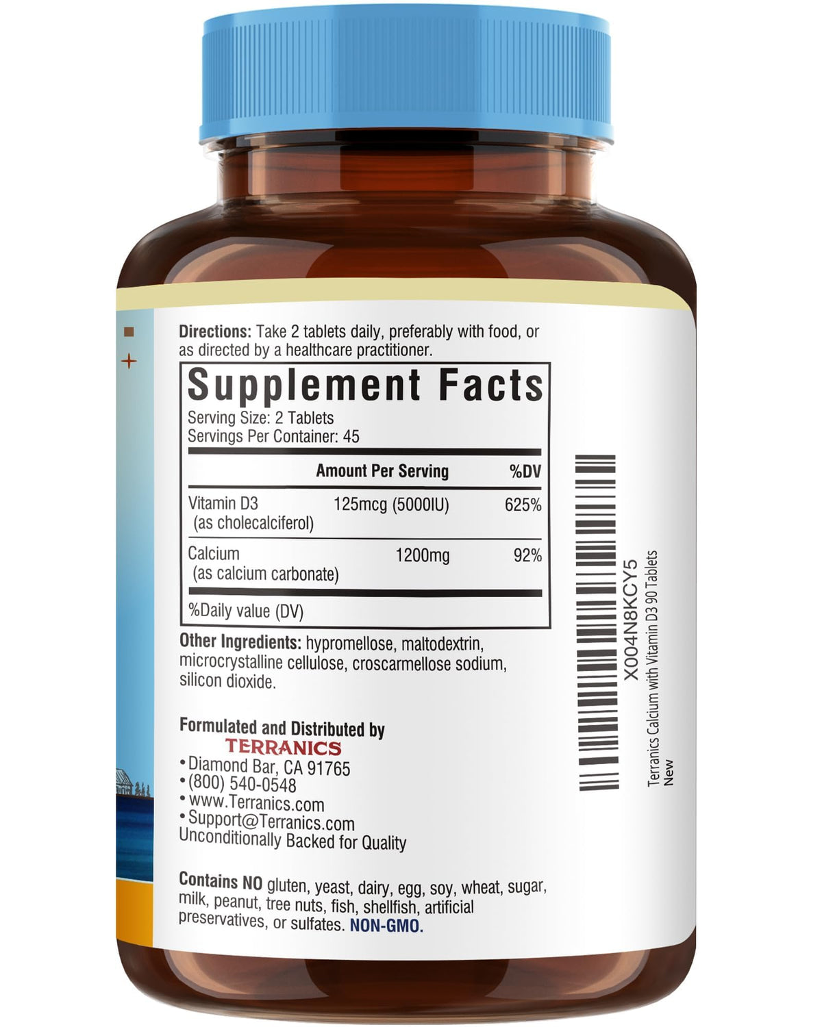 Terranics Calcium 1200 mg, flacon ouvert avec comprimés