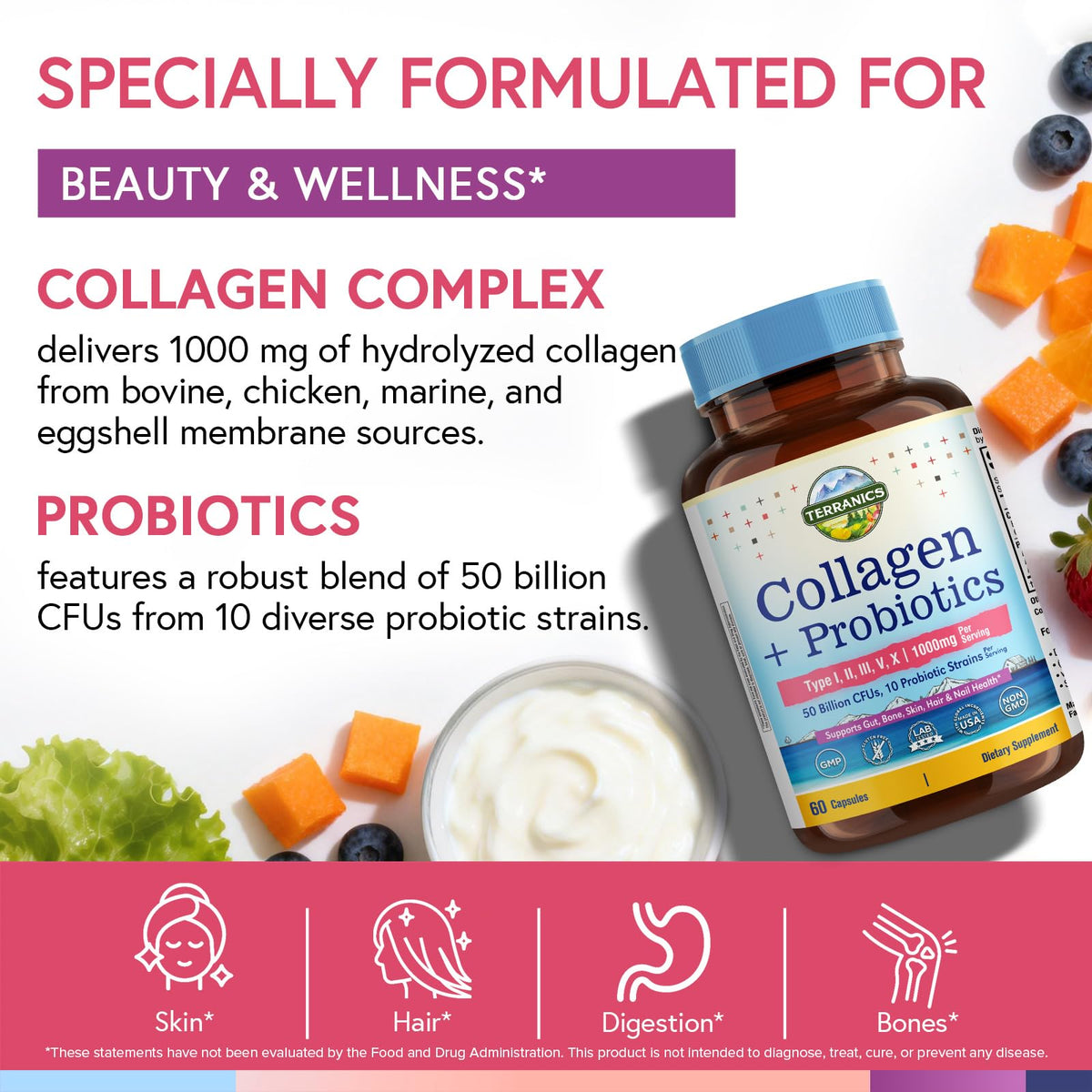 Terranics Collagène Multi Peptides 1000 mg capsules with a measuring spoon