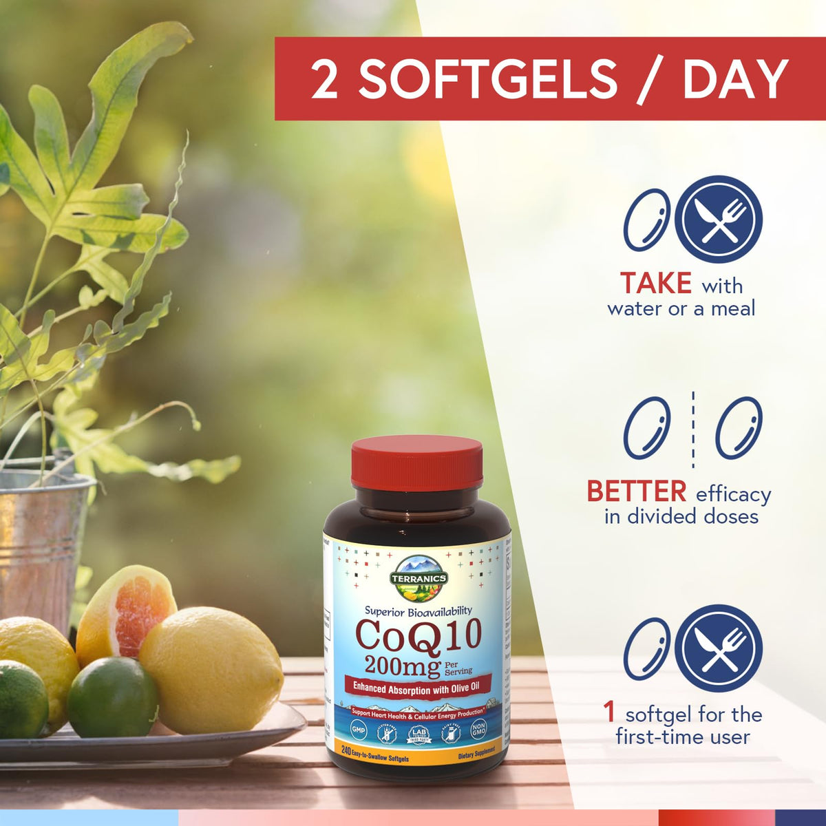 Terranics CoQ10 affiché avec des fruits et légumes