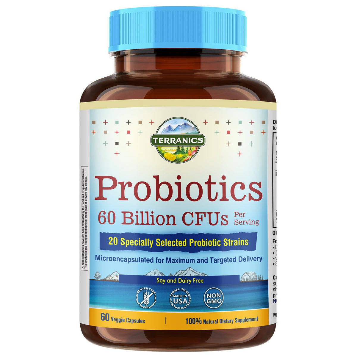 Terranics Probiotiques 60 Milliards CFU 20 Souches - vue avant de l'emballage