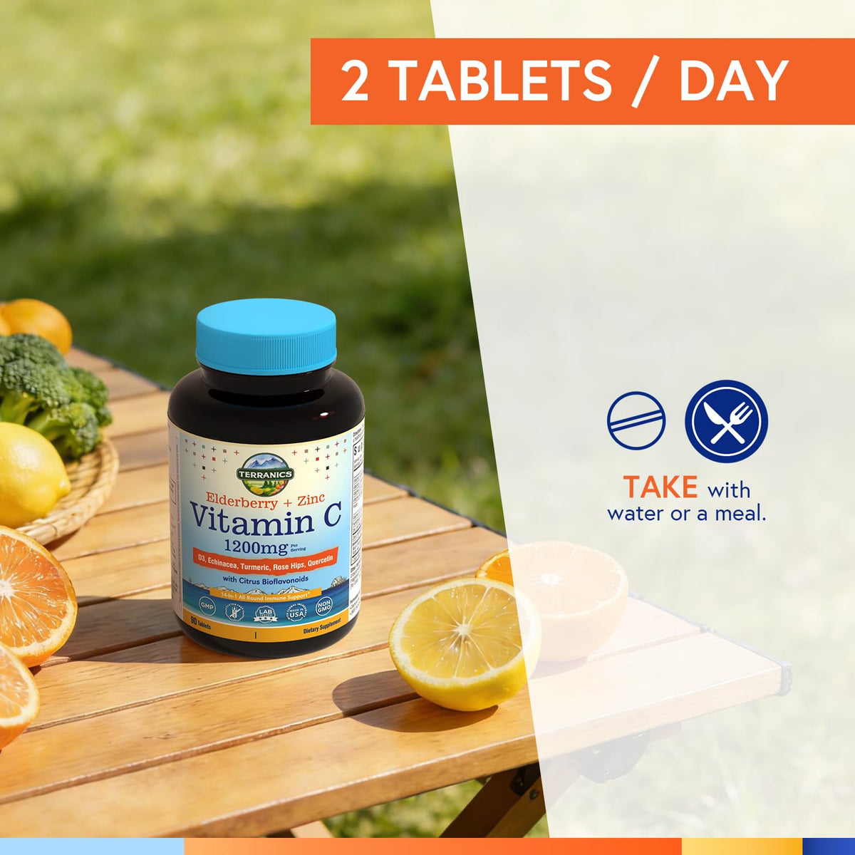 Terranics Vitamine C 1200 mg, comprimés dans un verre d'eau
