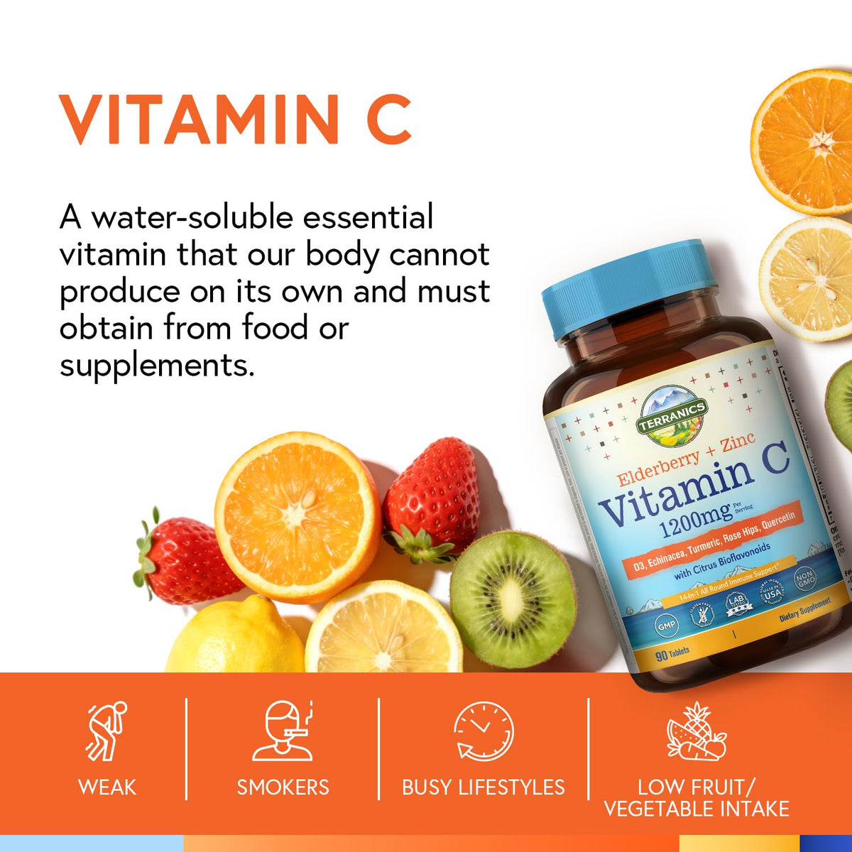 Terranics Vitamine C 1200 mg, comprimés dans une main
