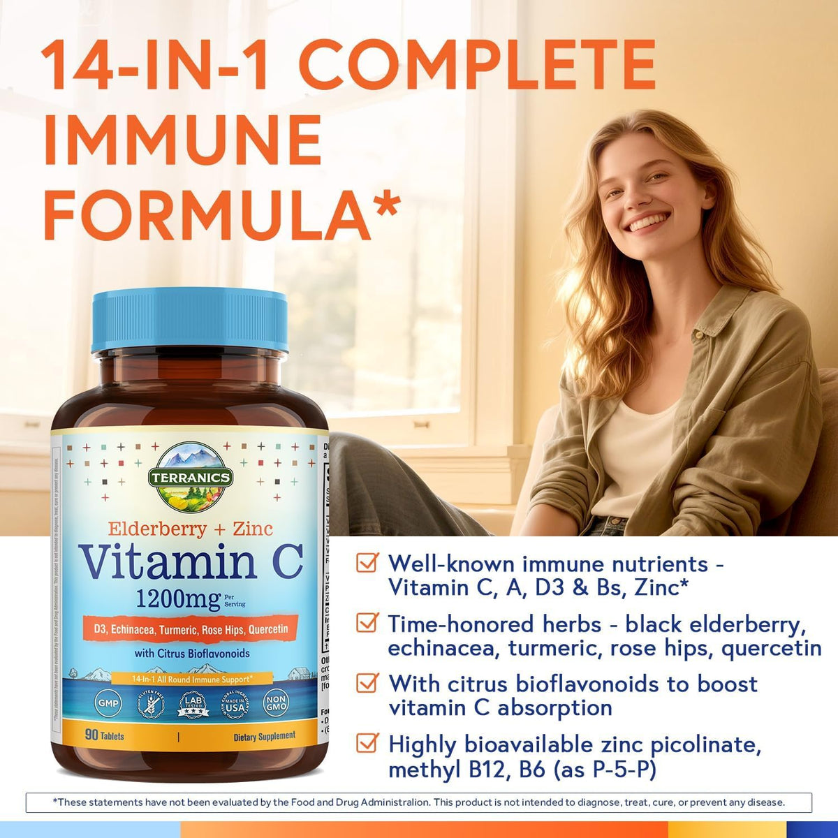 Terranics Vitamine C 1200 mg, comprimés sur une table