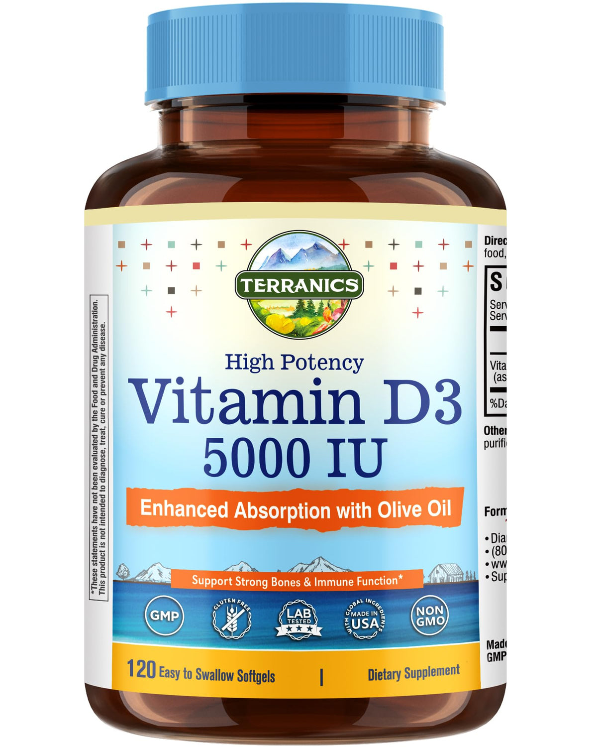 Terranics Vitamine D3 5000UI 120 mini gélules avec huile d'olive