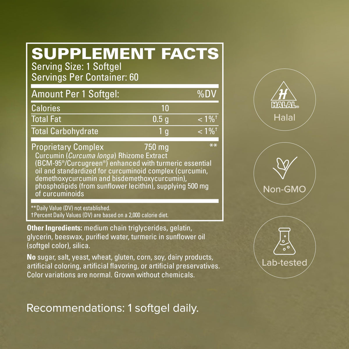 Terry Naturally CuraMed 750 mg avec des ingrédients naturels en arrière-plan