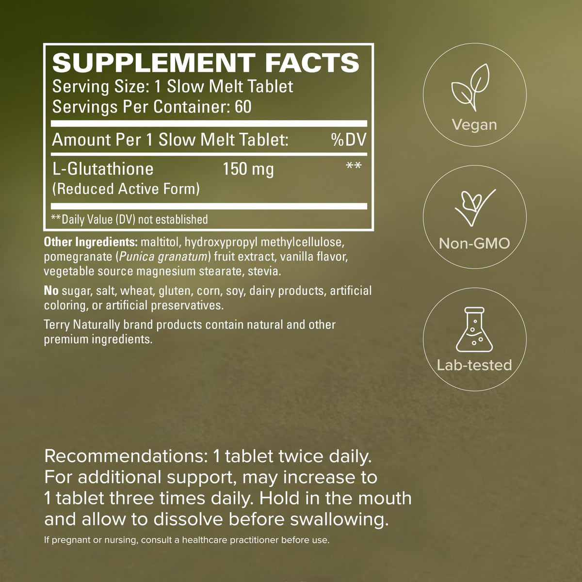 Terry Naturally L-Glutathione 60 Comprimés détails des ingrédients