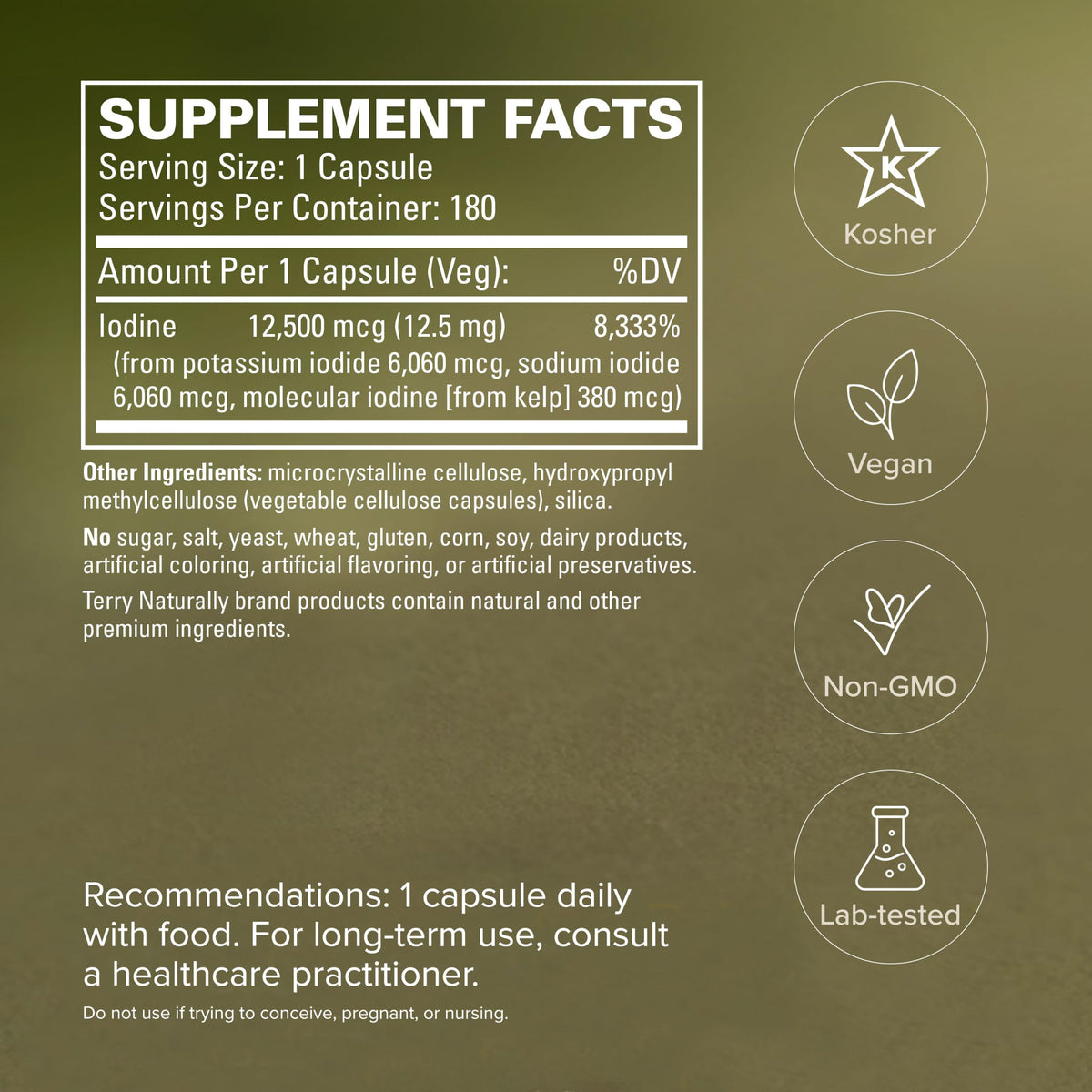 Terry Naturally Tri-Iodine 12,5 mg boîte ouverte montrant les capsules