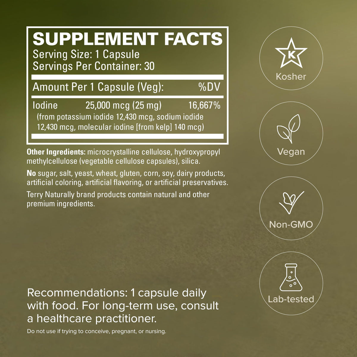 Terry Naturally Tri-Iodine 25 mg capsules avec un verre d'eau