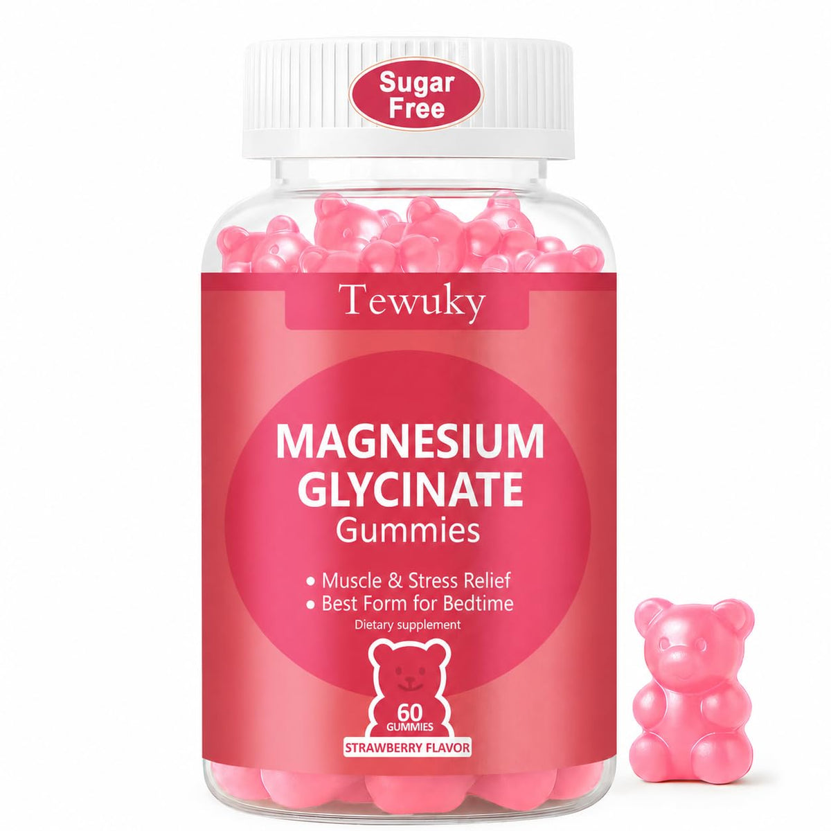 Tewuky Gummies de Magnésium Glycinate 500mg, 60 gummies au goût de fraise