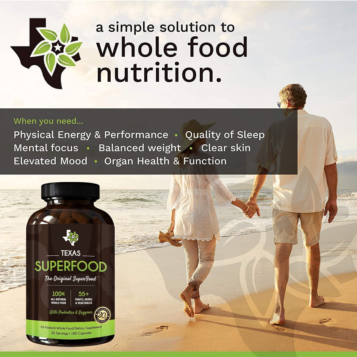 Texas SuperFood Original Superfood Capsules with fruits and vegetables background