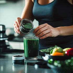 Texture de la poudre de spiruline bio NaturaleBio en gros plan