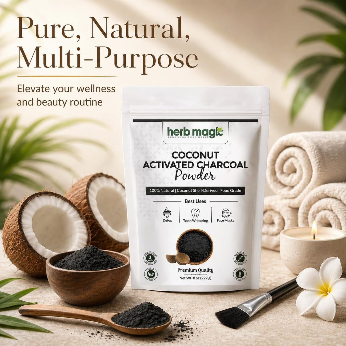 Texture fine de la poudre de charbon actif Herb Magic