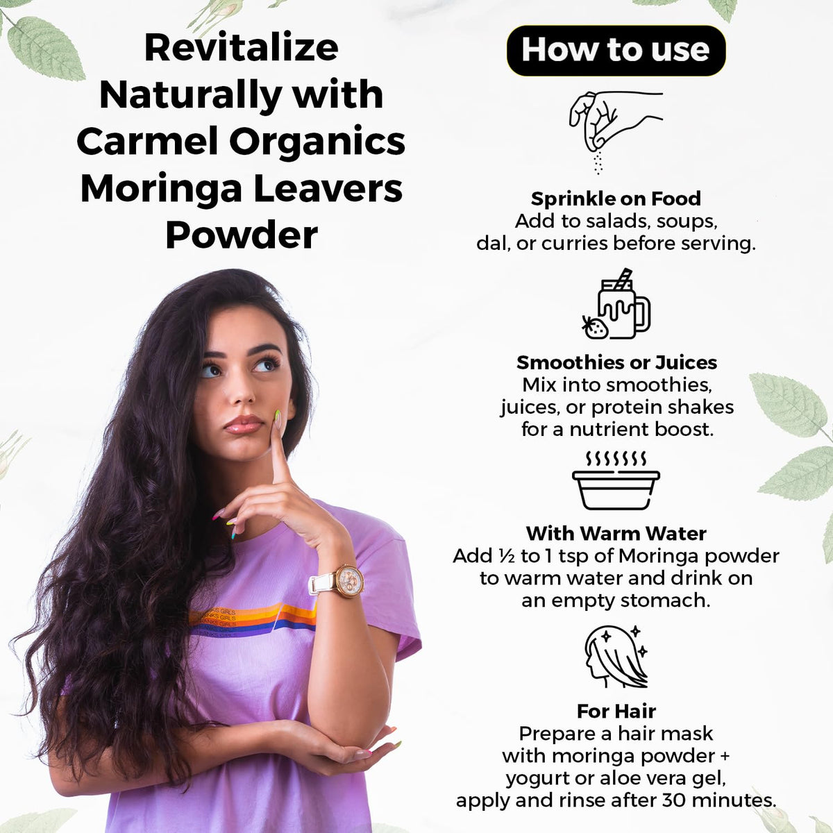 Texture fine de la poudre de moringa CARMEL ORGANICS