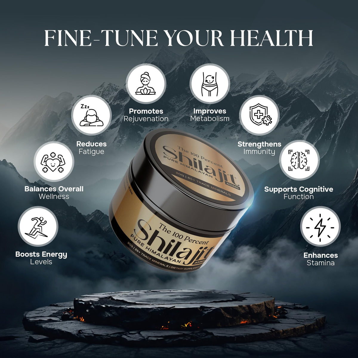 The 100 Percent Shilajit Pur Himalayen 600mg sur fond blanc