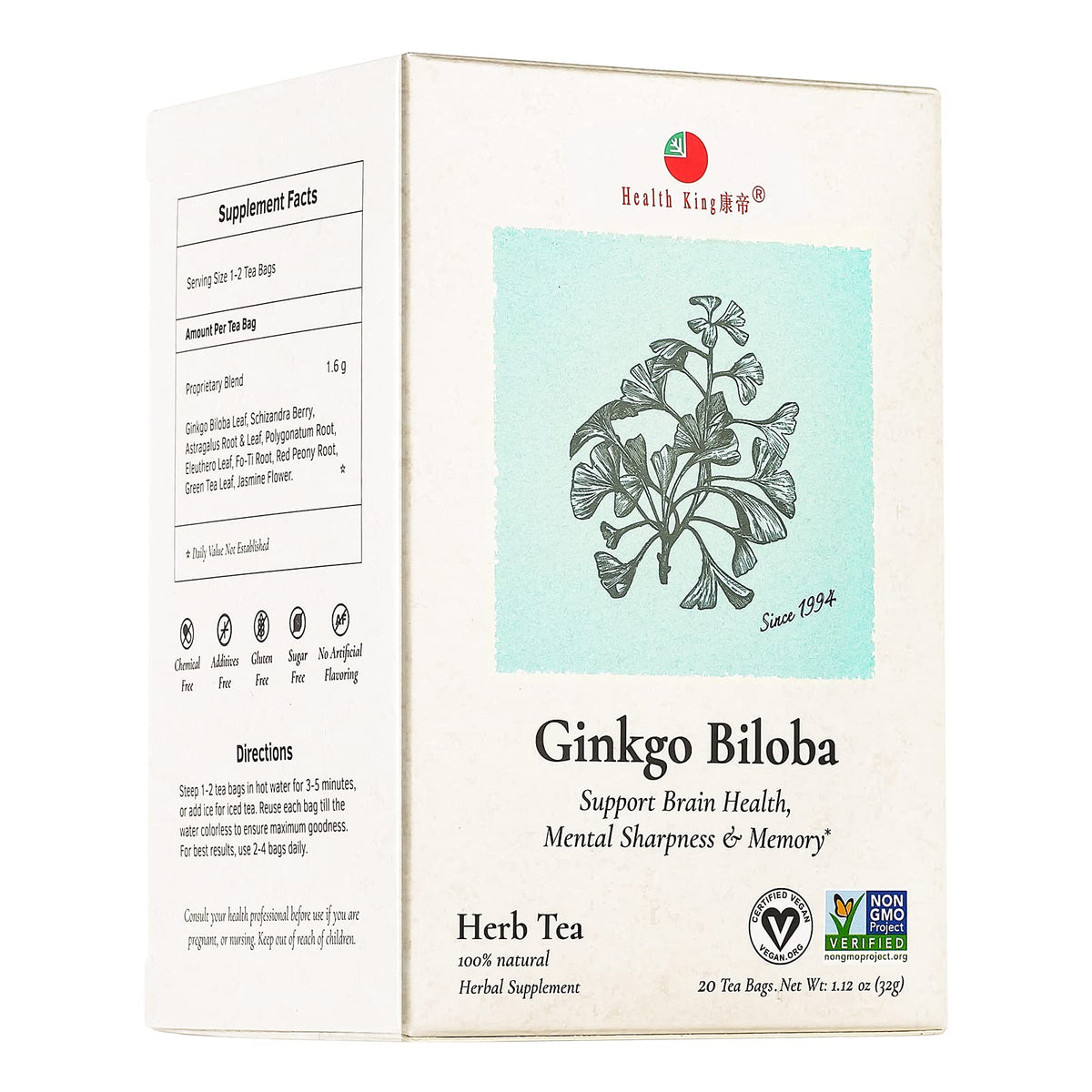 Thé aux herbes Ginkgo Biloba Health King boîte de 20 sachets vue de face