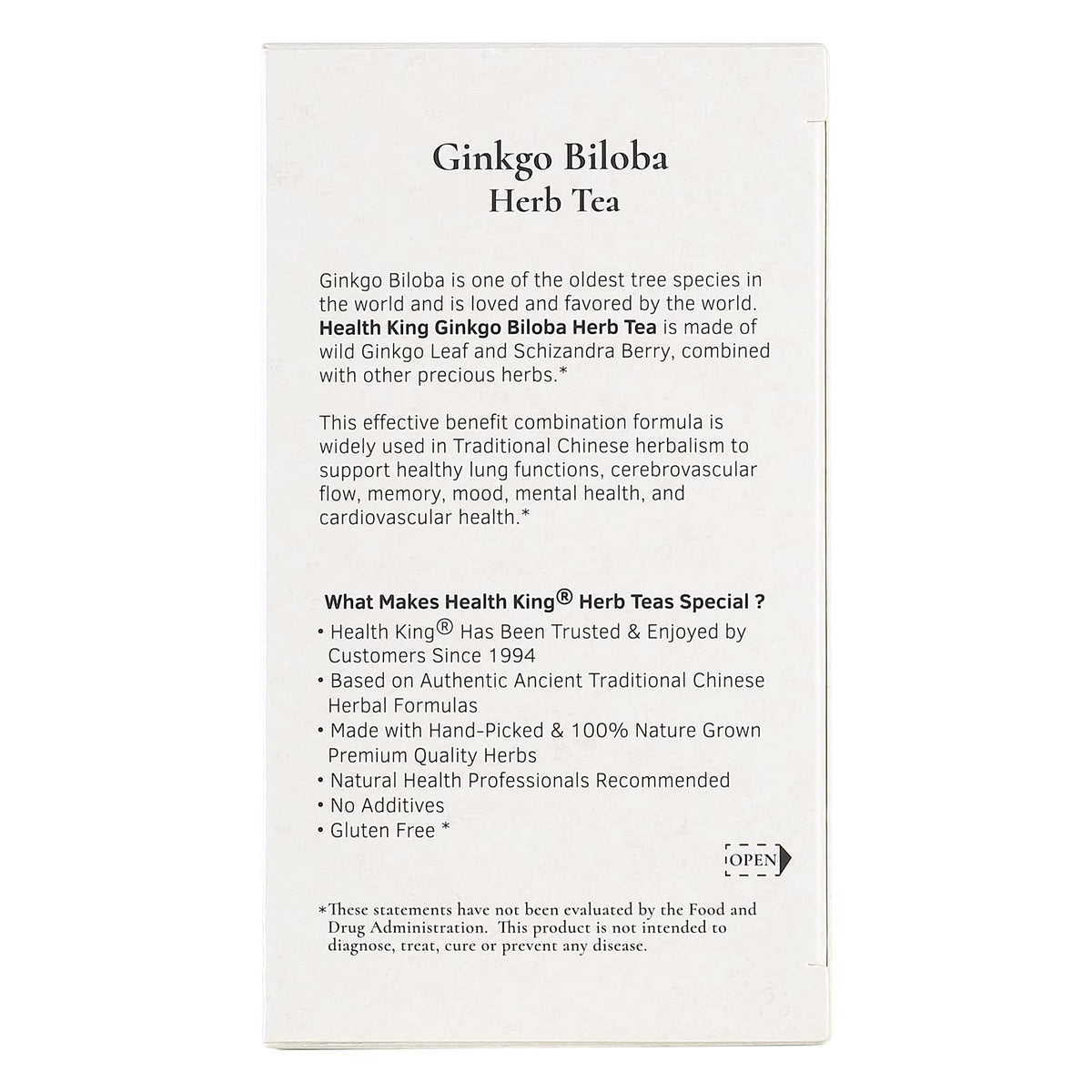 Thé aux herbes Ginkgo Biloba Health King sachets à côté d'une tasse
