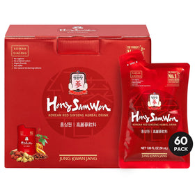 Thé de Ginseng Rouge Coréen JUNG KWAN JANG sachets devant un fond neutre