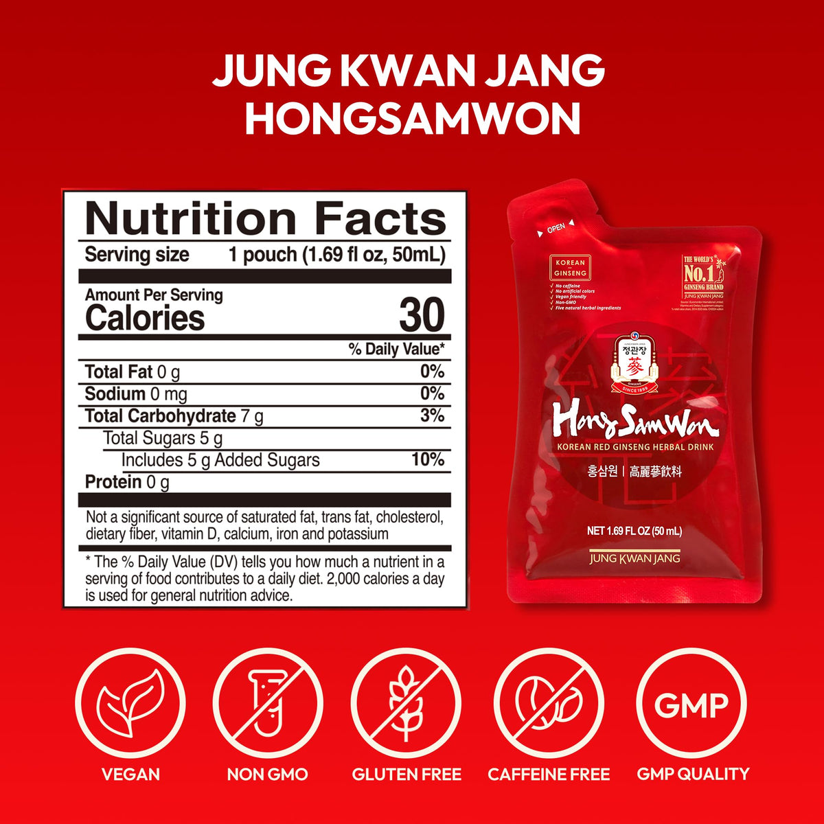 Thé de Ginseng Rouge Coréen JUNG KWAN JANG sur une table avec une vue d'ensemble