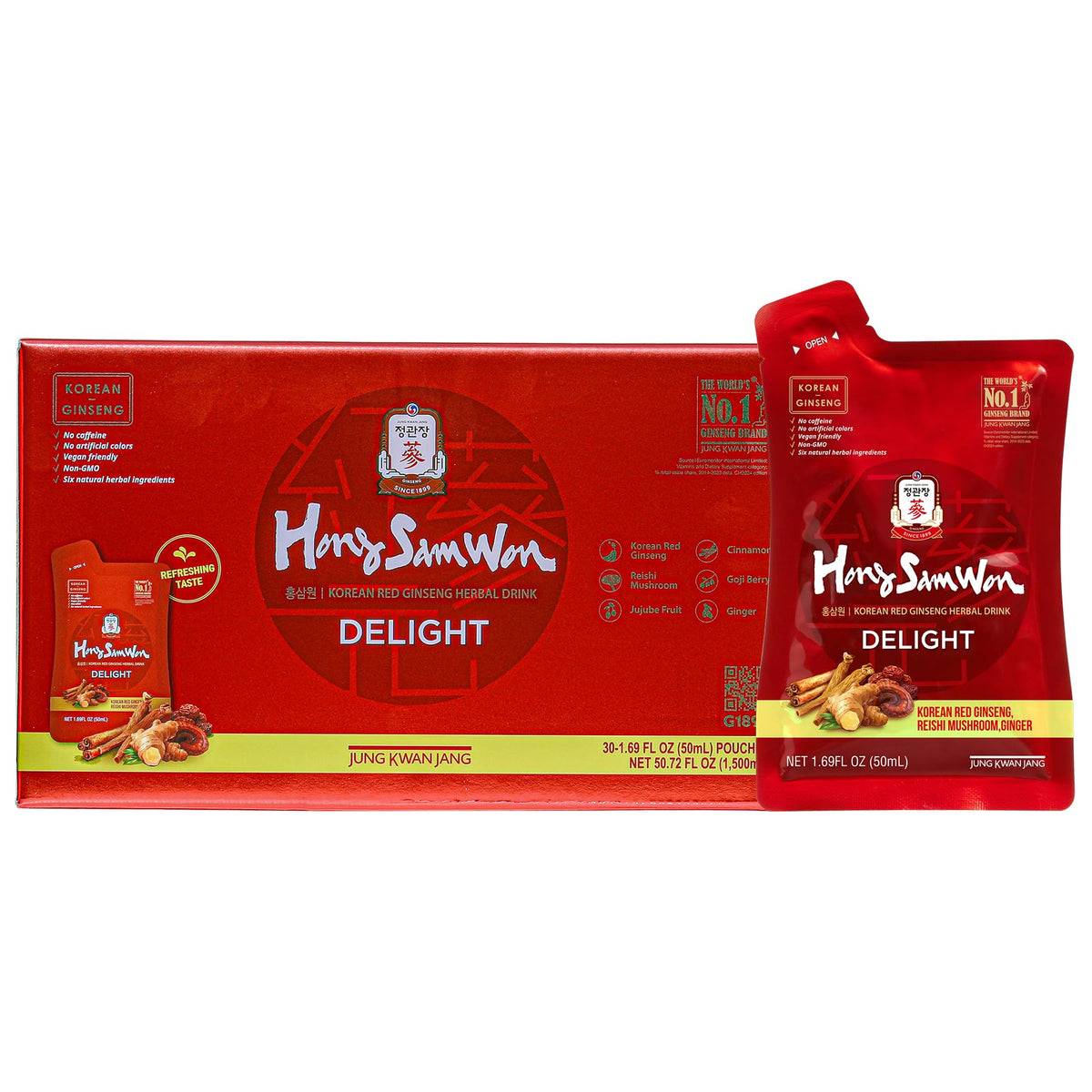 Thé de Ginseng Rouge Hong Sam Won JUNG KWAN JANG sachets devant un fond blanc