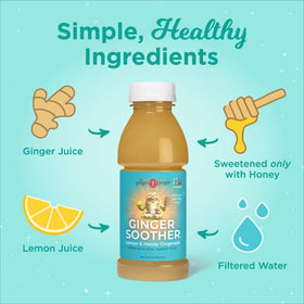 The Ginger People Ginger Soother bouteille ouverte avec un verre à côté